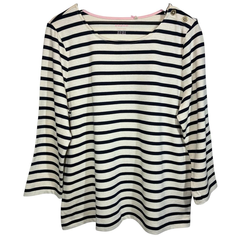Boden Top Striped 3/4 Sleeve Knit Blue Cream Gold Buttons Cotton Sz 12 NWT New